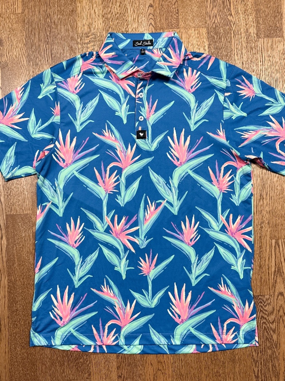 Bad Birdie Paradiso Floral Blue Performance Golf Polo Shirt Mens Medium